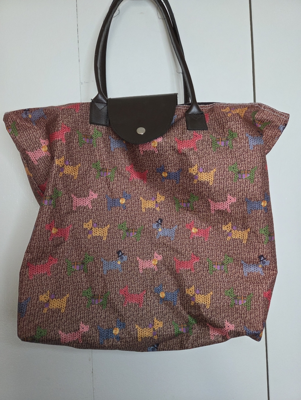 Cute Brown Tote Bag with Knit Print and Terrier Designs